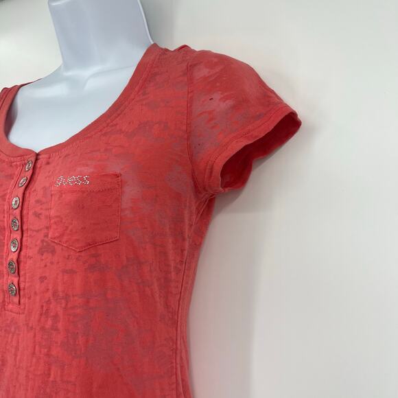 Guess Y2K Burnout Henley Womens Top Sz S Coral Sheer Coquette Grunge Bling Logo - Picture 6 of 12